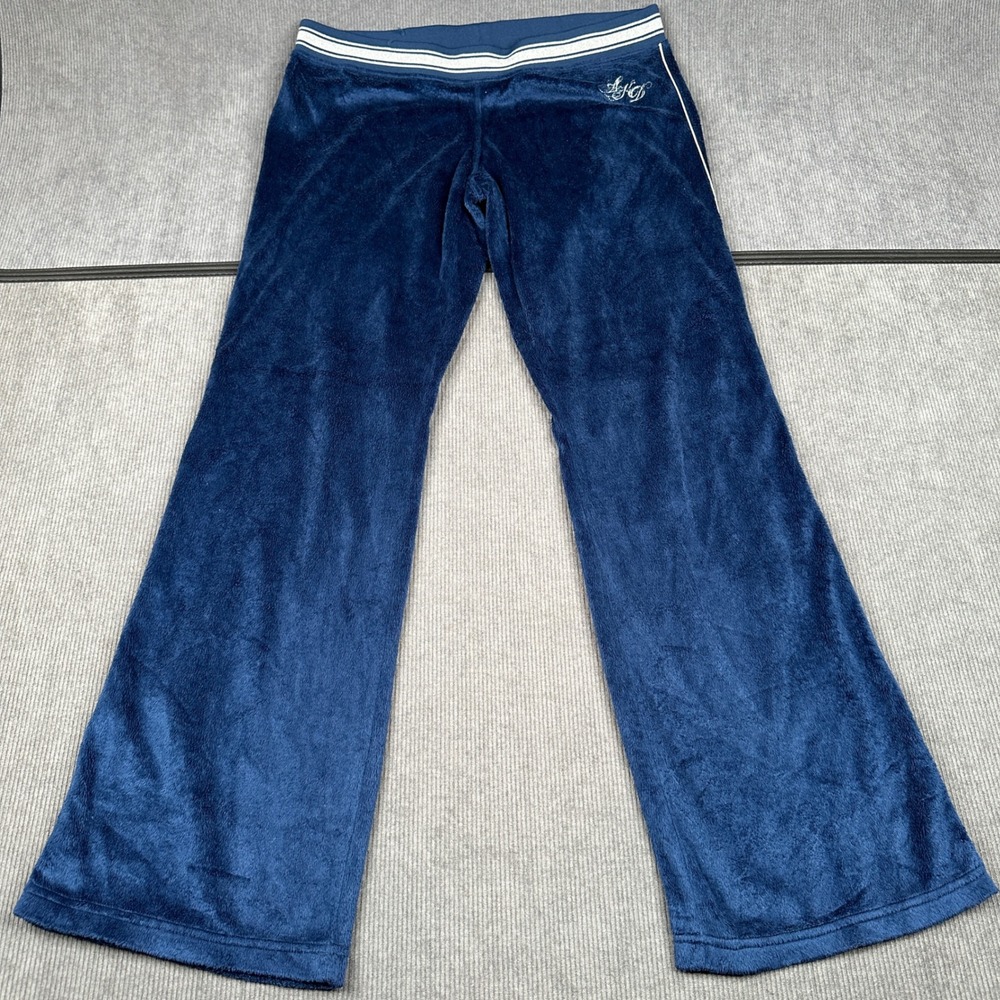 Akademiks Navy Blue Velour Track Pants Wide Leg Y2K Lounge Pants Flare Large